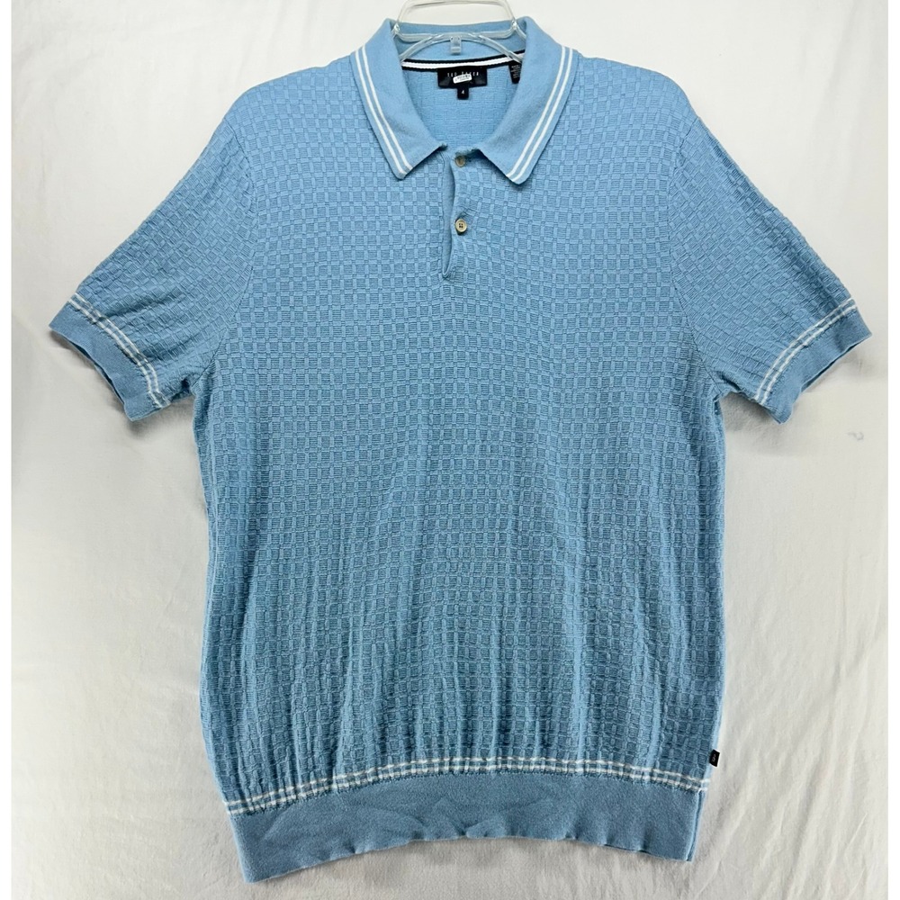 Ted‎ Baker Maytain Mens Blue Waffle Knit Polo Shirt Short Sleeve Size 4 Large